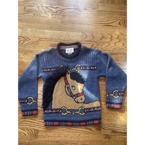 Heartworks Kids Vintage Felted Blue Pullover Long Sleeve Horse Sweater Size 5/6